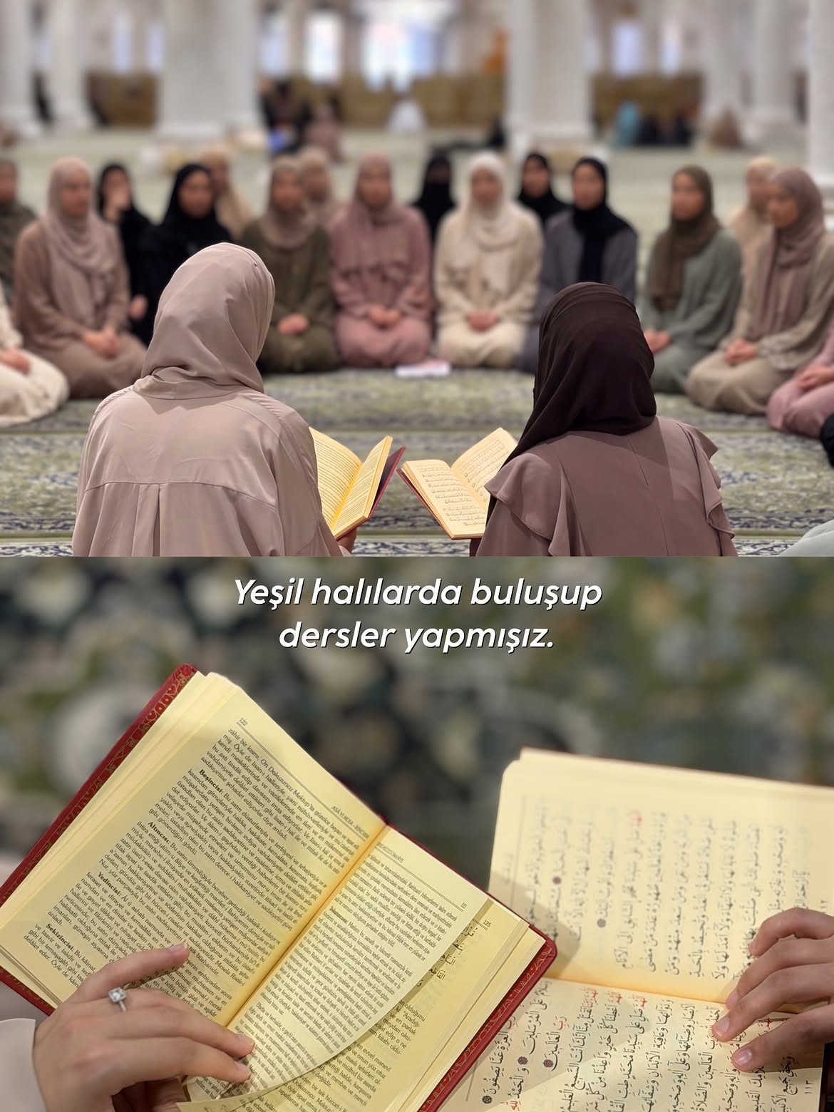 Kafile Turizm umre grubundaki hanım misafirler yeşil halıda oturarak ders dinliyor