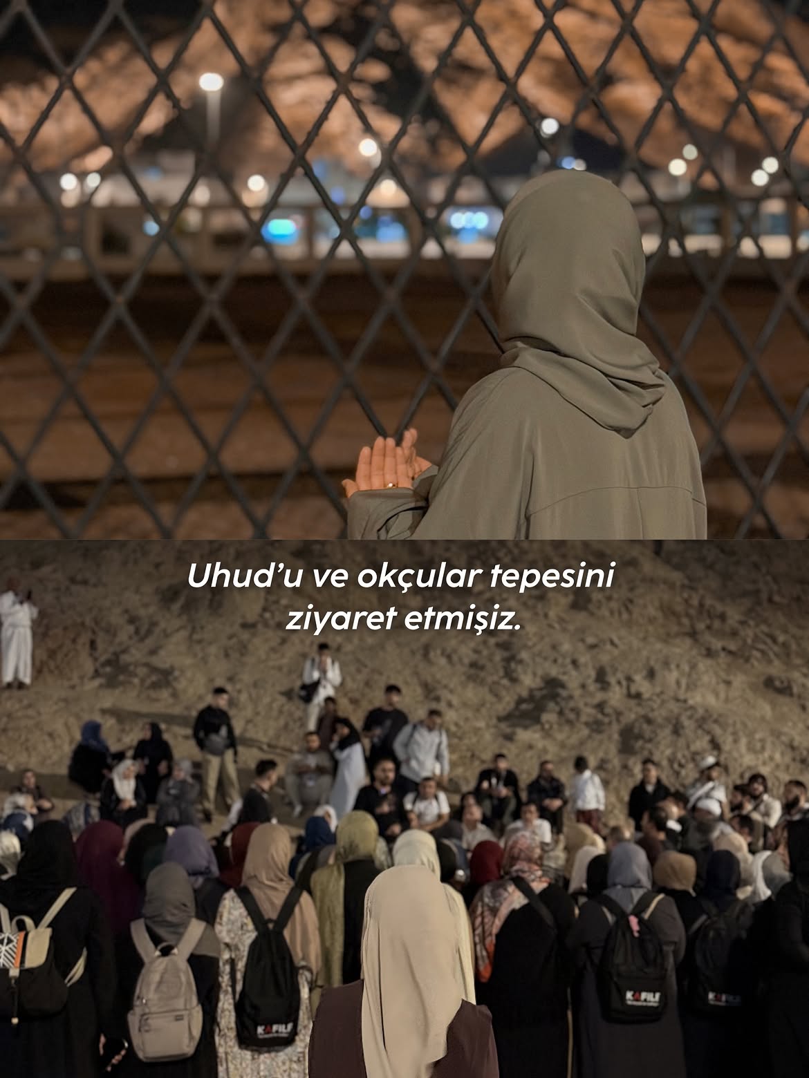 Kafile Turizm misafirleri gece Uhud Dağı eteklerinde okçular tepesi ziyaretinde anlatımı dinliyor